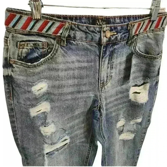 Alloy Apparel Distressed Beaded Tall Frayed Hem Five Pocket Style Blue Jeans - Picture 5 of 9